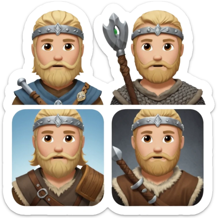 bana kick yayınları için sakallı sarışın viking abonelik rozeti oluştur 1. seviye olanın ekipmanları tahta olsun 2. seviye olanınkiler gümüş olsun 3. seviyeler savaşçı gibi görünsün 4. seviyeler berzerker gibi görünsün  sticker