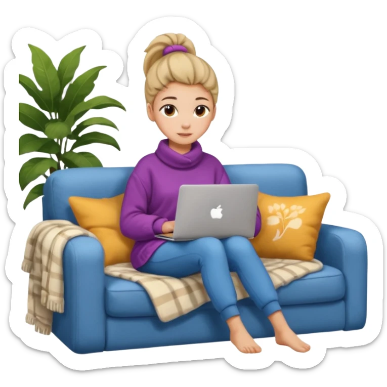 Cozy girl with ponytail on a cozy sofa with laptop on knees and a warm blanket, relaxed online shopping from home sticker