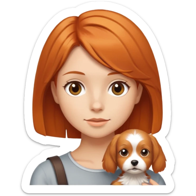 A girl with shoulder-length orange-brown hair holding a short-haired Yorkshire sticker