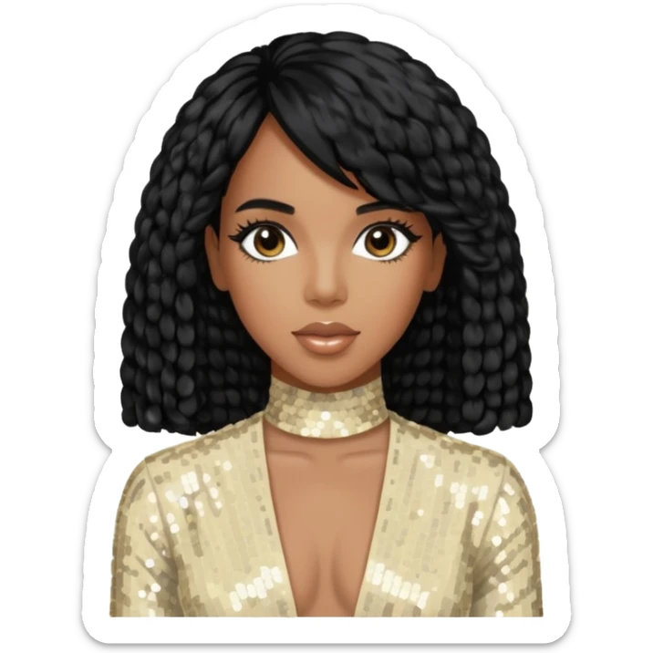 Kelly Rowland from Destiny's Child with black hair, ivory sequin outfit sticker