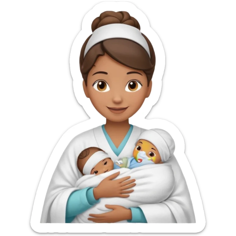 Female nurse smiling with a hair bun on top of head with medium brown skin and brown eyes holding one new born  sticker
