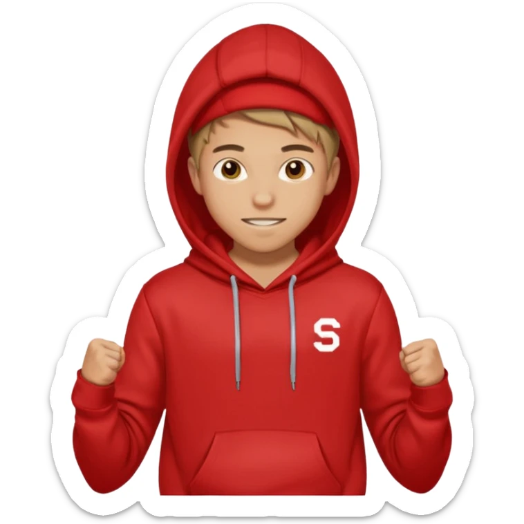 make me an emoji of an americain 19 yearold boy in a red hoodie that says "south" on it and give him with tan skin with his hands in his hands in his pocket wth a small smile flexing his muscles with his hood on sticker