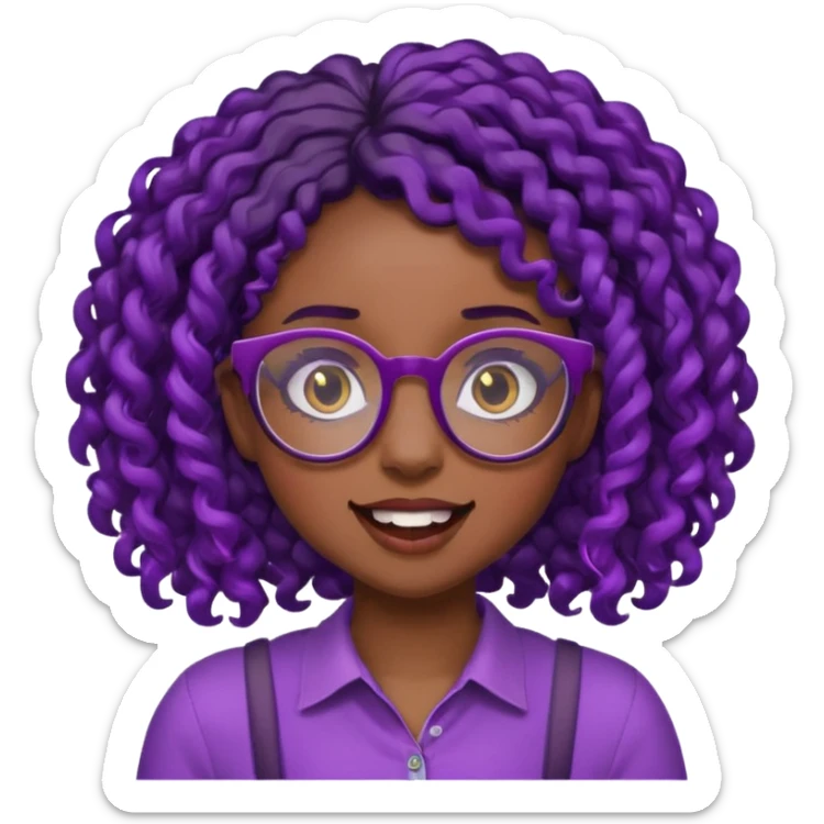 nerd emoji like with glasses showing only her 2 buck teeth but it’s a black girl with purple black curly hair sticker