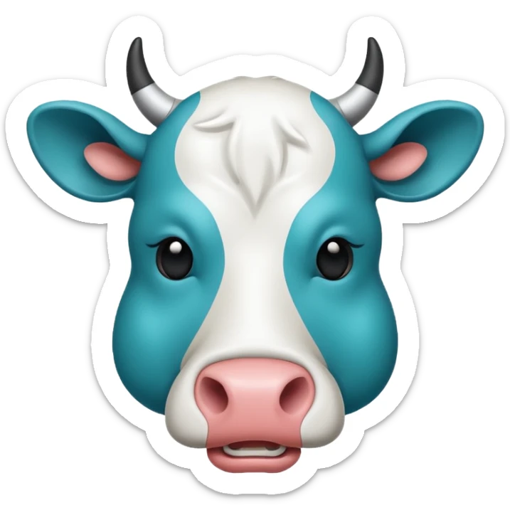 Flat emoji-style icon of a cow head with a virus symbol overlay, showing image-based disease detection. Bold outlines, minimal details, modern vector look, rounded shapes, high contrast, teal and blue accents, no text, transparent background. sticker