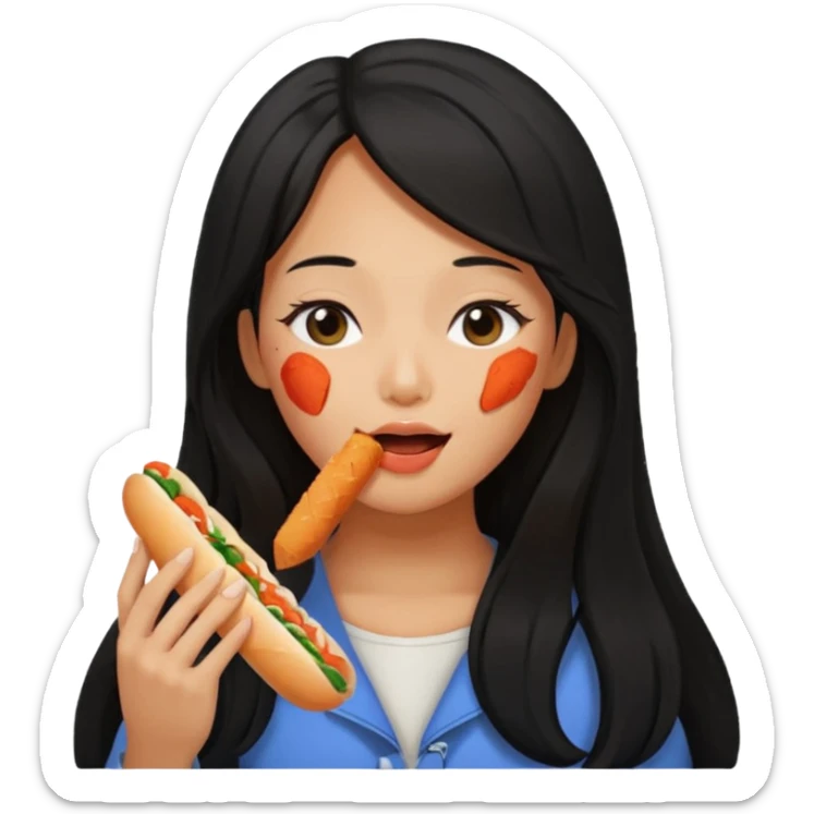 Girl black long hair eat kimchi close eyes baguette sticker