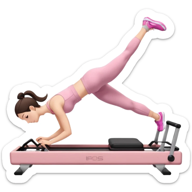 white brunette girl in light pink workout clothes doing a plank on a reformer sticker