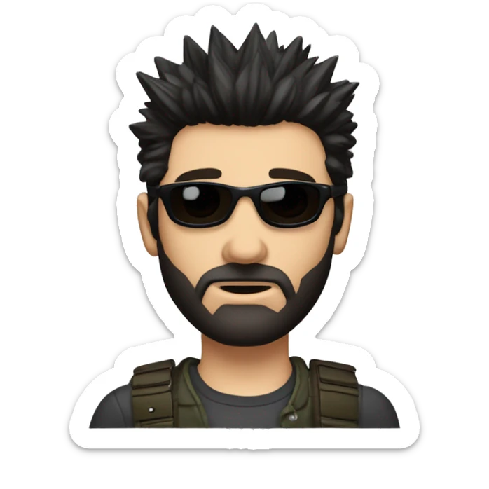 dark hair caucasian male spiky hair short on sides, black beard, perfecto, aviator sunglasses sticker