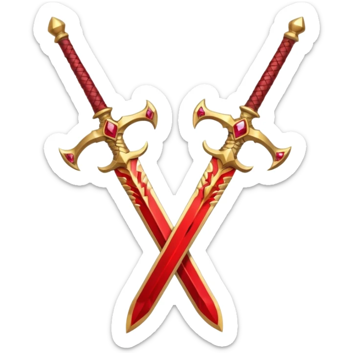 Two crossed swords that are golden in blade and handle and have fiery and royal appearence to them as well as red gem stones sticker