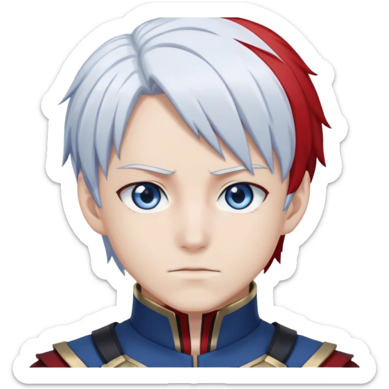 Shoto Todoroki from My Hero Academia with half red half white hair, heterochromia eyes one blue one gray, wearing his hero costume sticker