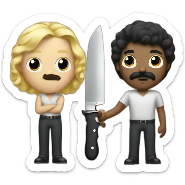 Black hair person with square mustache from 40s holding knife in front of a blond hair man sticker