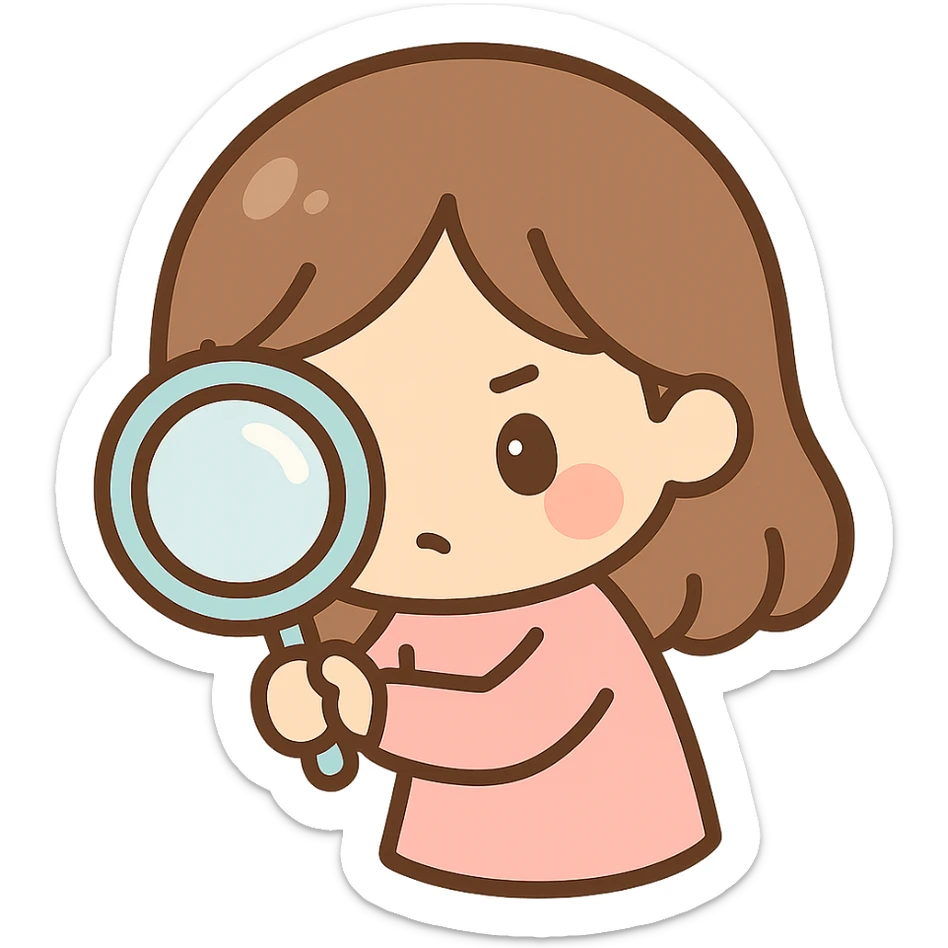 chibi cute girl with brown hair, focused, holding a magnifying glass, looking closely sticker