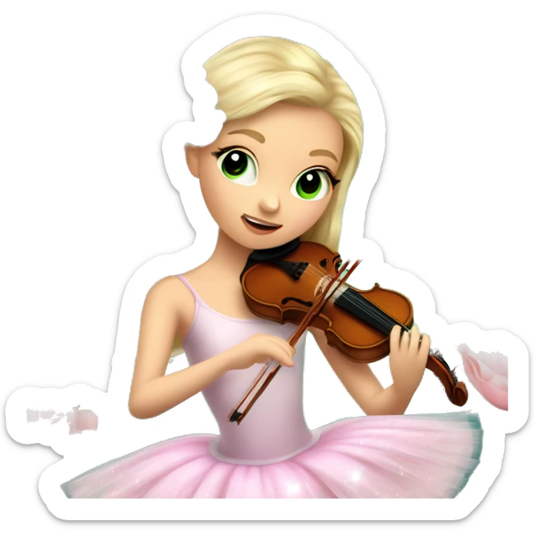 ballet blonde with skin girl with green eyes and soft pastel tutu playing violin with peonies and sparkles realistic coquette sticker