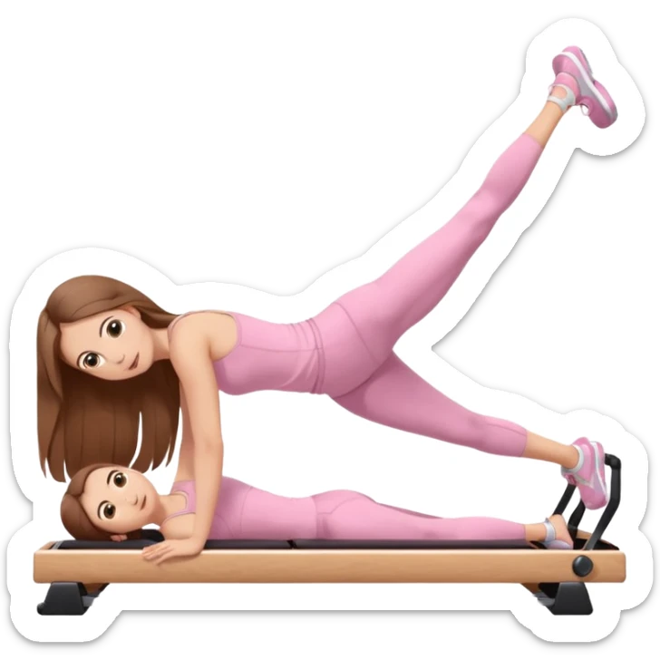 pretty caucasian teen with hazel eyes long brown hair wearing light pink workout clothes doing a plank on a pilates reformer sticker