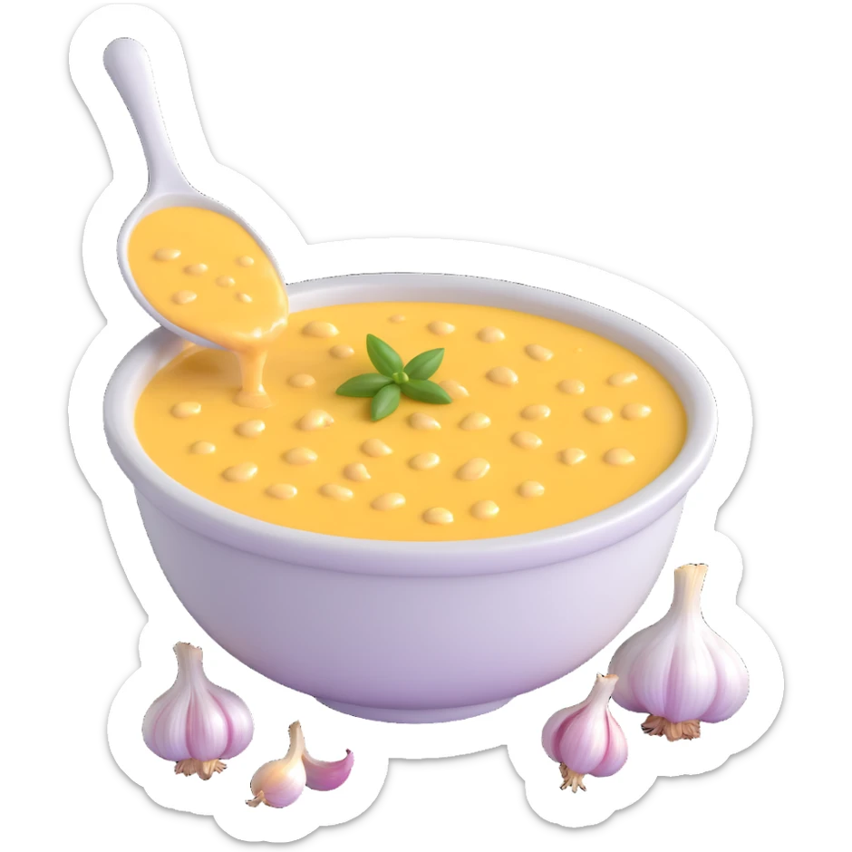 bowl of allioli sauce with garlic cloves sticker