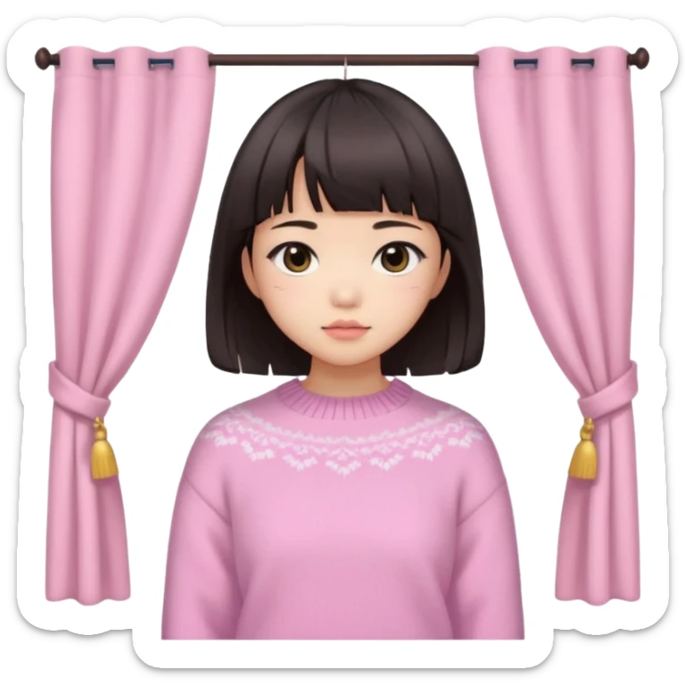 a asian japanese girl with a dark brown bob with curtain bangs, wearing a pastel pink wintery sweater sticker