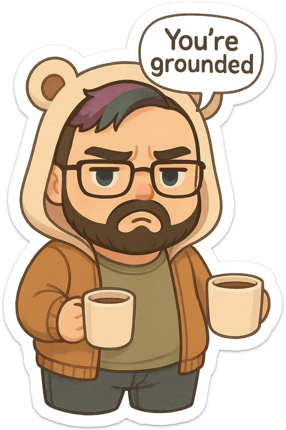A realism art illustration art style of a plus-sizes man with purple to green ombre streak, black beard, blue eyes, glasses, wearing a bear hoodie with ears,  dressed like a dad, holding a coffee mug, You’re grounded speech bubble, frowning  sticker