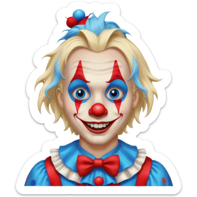 creepy clown boy with messy very long long blonde hair, blue eyes, make it more like an apple emoji sticker