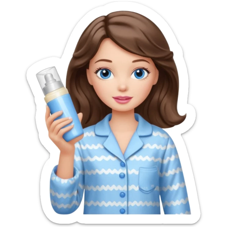 Barbie girl with makeup, blue eyes , and bob long haircut wavy, short brown hair in creamy color pajamas, face cream in hand sticker