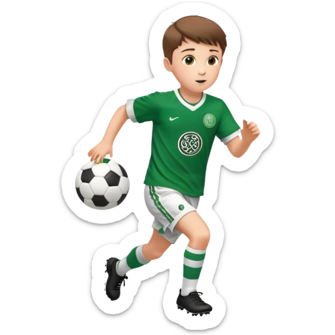 Celtic footballer jersey logo  6 years old brown hair white boy , brown eyes , stripes uniform , RUNNING  with soccer ball # 17 celtic football logo PUT ONLY ONE LOGO ONE CELTIC LOGO ONLY white shorts sticker