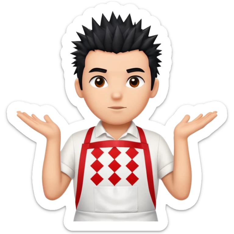 big boy with black spiky hair styled upward, wearing a white apron with red squares pattern sticker
