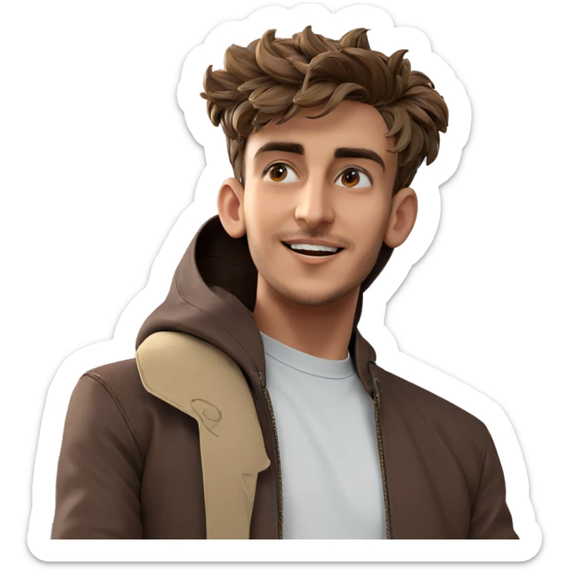 smiling boy in brown jacket sticker