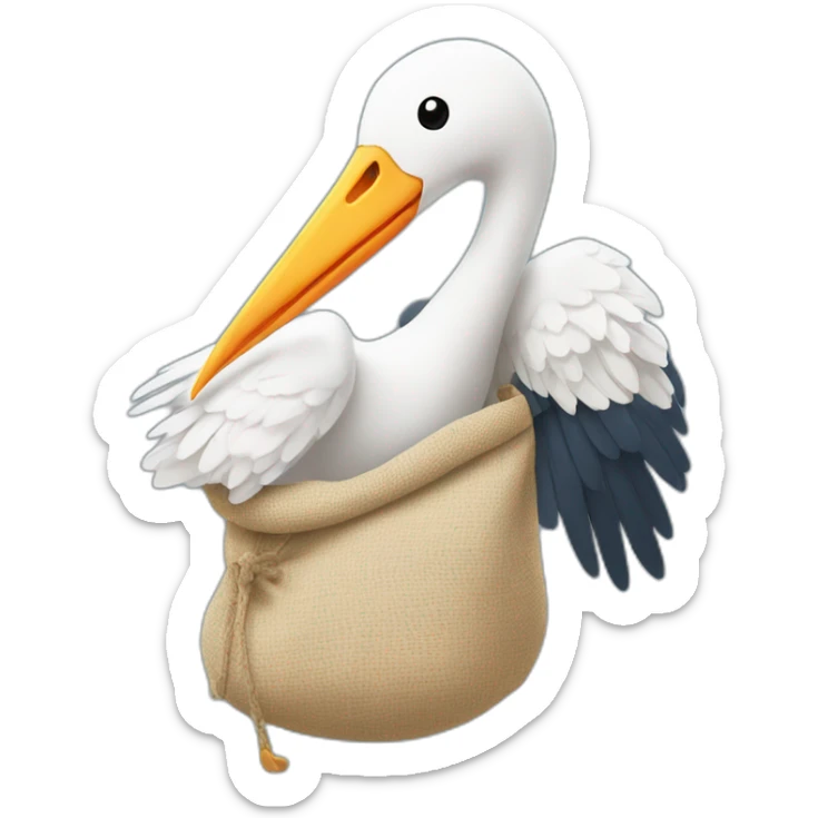 stork delivering baby boy in fabric held in its beak you can see the baby boys human face popping from the top of the sack the stork is holding sticker