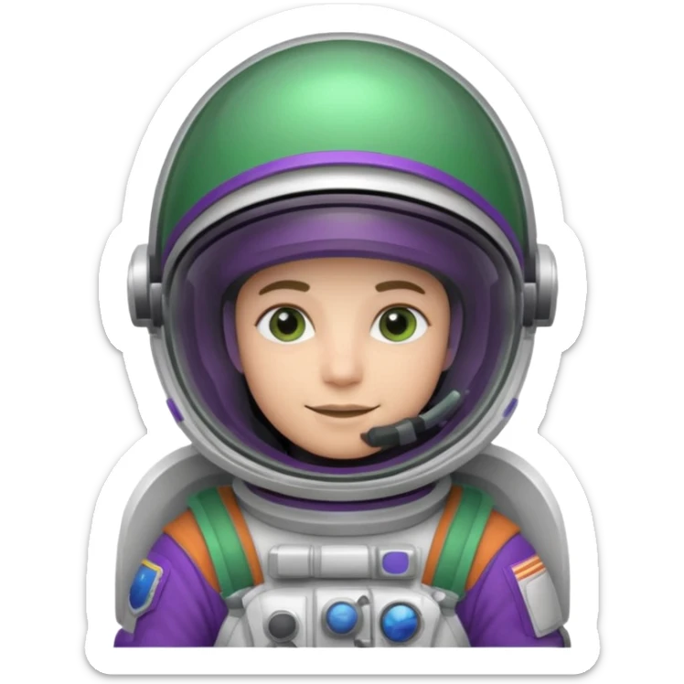 An astronaut wearing a cowboy's hat on his helmet, green and purple accents for the space suit sticker