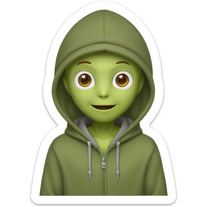 happy green alien in gray hoodie full height, wear hoodie hat sticker