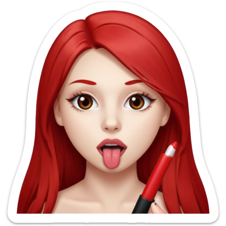 una chica de 18 años sacando la lengua con los labios con pintalabios nude y los ojos maquillados, de piel blanca con el pelo liso, largo y pelirrojo, ojos marrones sticker
