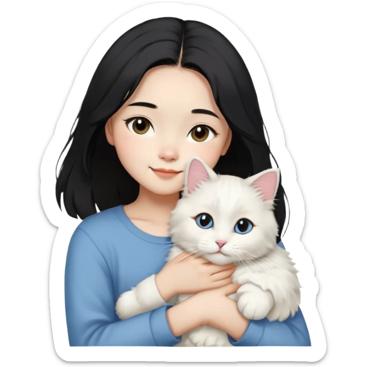 A young Chinese girl with shoulder-length black hair, styled in a sleek center-parted (4/6) cut, gently holding her fluffy white Ragdoll cat.  The girl has a happy and loving expression as she embraces her cat. The background is soft and warm, creating a cozy and affectionate atmosphere. The image is detailed and realistic, highlighting the textures of the woman's hair and the cat's plush fur." sticker