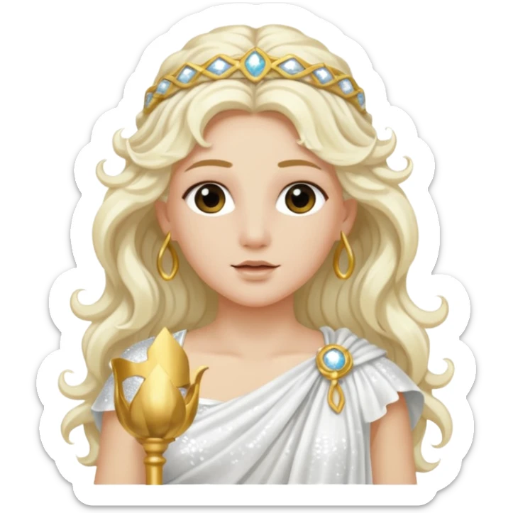 Aura, Goddess of Breeze from Roman Deities with long platinum blonde wavy hair, white sequin toga  sticker