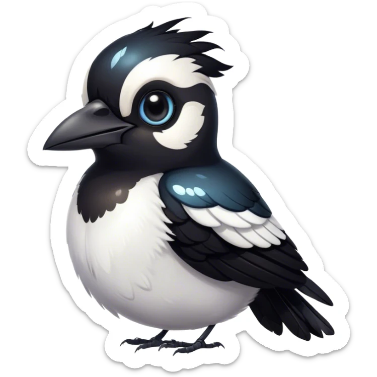 Cinematic Cute Magpie Portrait Emoji, Head tilted playfully and inquisitively, featuring a compact, elegant form with glossy, contrasting black and white feathers and round, sparkling eyes full of playful charm, Simplified yet irresistibly adorable features, highly detailed, glowing with a warm, inviting glow, high shine, affectionate and lively, stylized with a touch of whimsical urban flair, soft glowing outline, capturing the essence of a mischievous yet endearing magpie that seems as if it could flit out of the screen into your arms! sticker