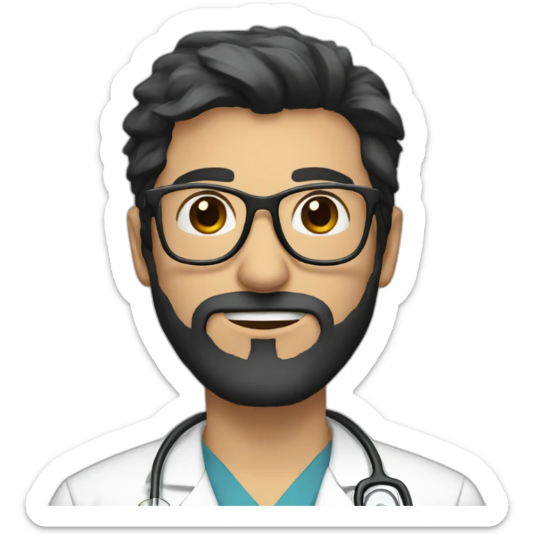 doctor with dark long brown hair and beard, big black eyes, clear glasses sticker