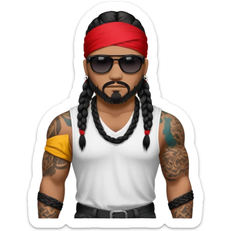 Samoan male. Chin goatee.
Larger XL loose fitting white t-shirt. 
Red bandana. 
Black jeans. 
long black braided hair.
very muscular.
More tattoos. 
Tough and menacing.
All black sunglasses. sticker