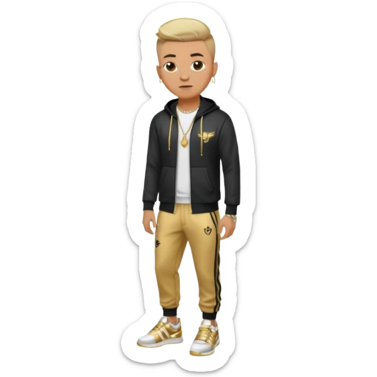 Capelli rasati ai lati con sfumatura, sopra corti e fissati con gel. Look curato e deciso. Indossa tuta firmata (Nike, Adidas, Lacoste, EA7) o jeans skinny, scarpe vistose come Air Force 1. Sempre presenti borsello a tracolla e collana d’oro E tatuaggi d’appertutto a mezzo busto sticker