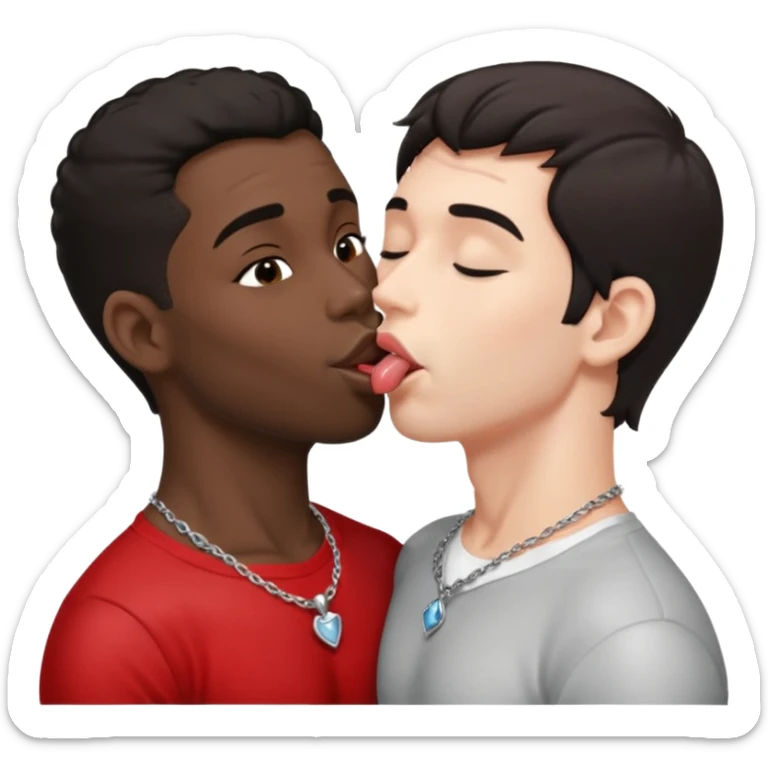 1 White adult male dark hair ,1 black adult male silver necklace, nude,kissing tongue open mouth  sticker