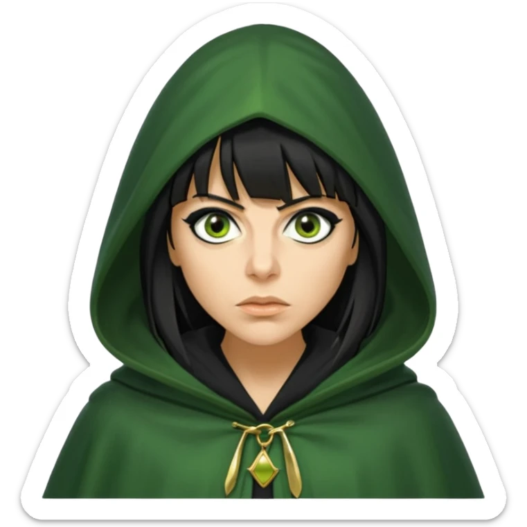 claudia winkleman with a heavy fringe as a traitor with a green hooded cloak with a gold clasp and dark black eyeliner sticker