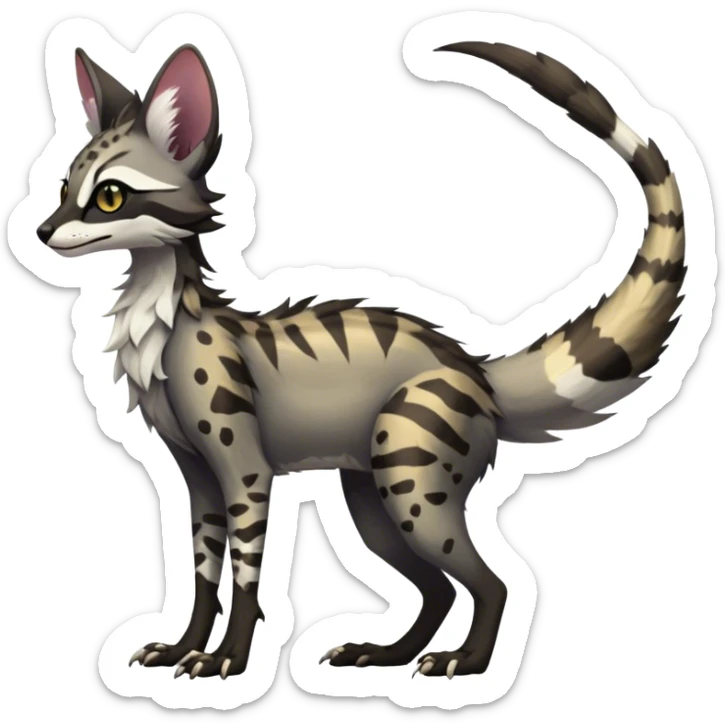 Feral Rare Fantasy dark tropical Vernid-Sergal-Genet-Trico-species by LiLaiRa, random markings, tufted tail, tufted ears, full body, 4 legs sticker