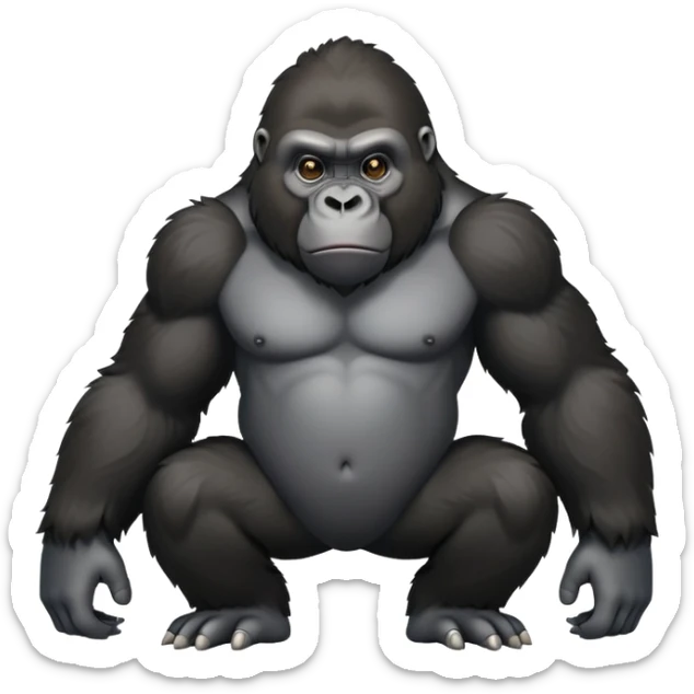 cinematic-friendly cute gorilla-realistic-full-body-crouched on all fours-emoji,-broad-and-powerful-frame-poised-with-confidence,-massive-arms-hanging-slightly-forward,-head-tilted-thoughtfully,-thick-black-fur,-deep-dark-eyes-full-of-intelligence,-simplified-yet-realistic sticker