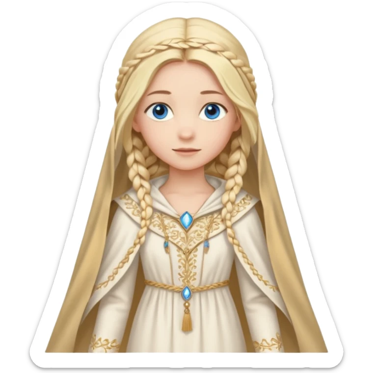 Joven de unos 20 años, de aspecto dulce y elegante.
Piel clara, ojos (pueden ser azules o verdes)
Rubio o castaño claro, largo, con trenzas o velo.
Vestido largo de tonos suaves (blanco, azul o lavanda), con bordados dorados; un manto o toca fina cubriendo la cabeza. Haz todo el cuerpo sticker