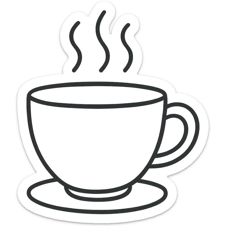 hand-drawn outlined icon of a coffee cup, black outlines, no fill, no color sticker