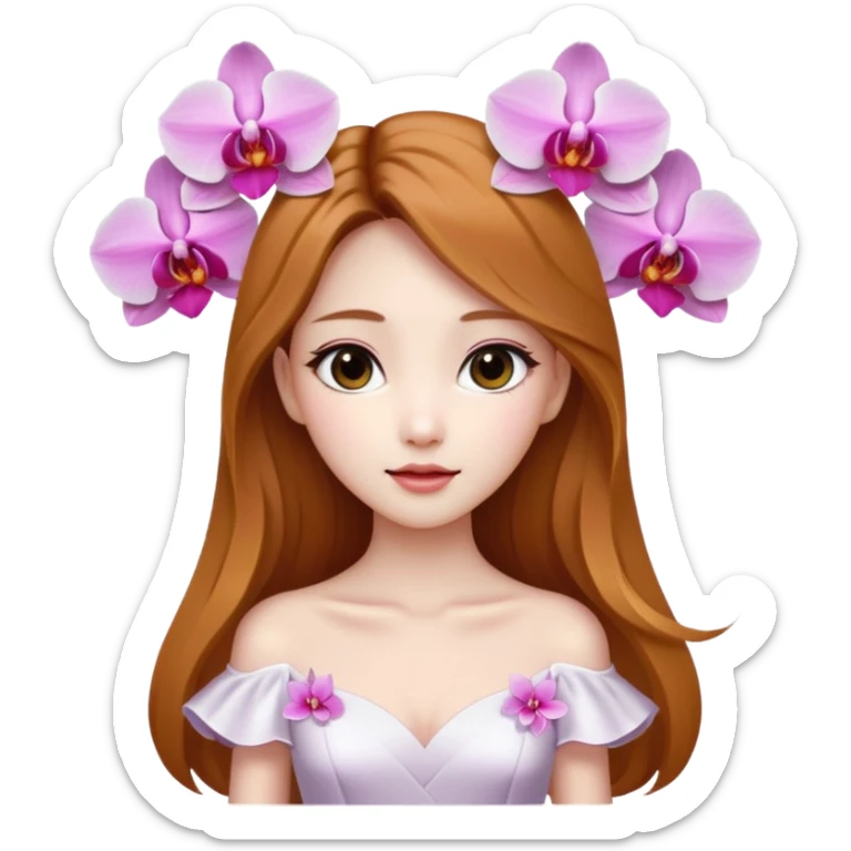 Asian girl with long golden brown hair white skin makeup natural with orchid white/pink only on her left ear, her dress is white  coquette  sticker