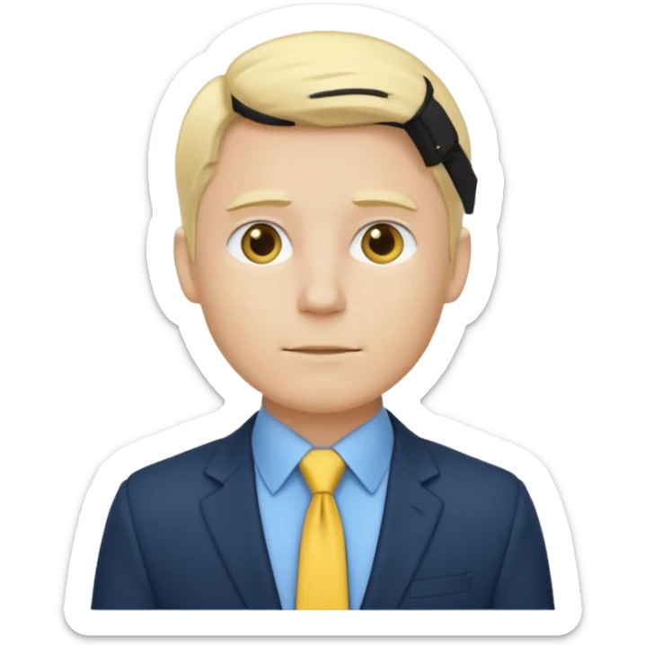 consulting man with hand with white skin and blonde hair with blue shirt and yellow tie and black blazer sticker