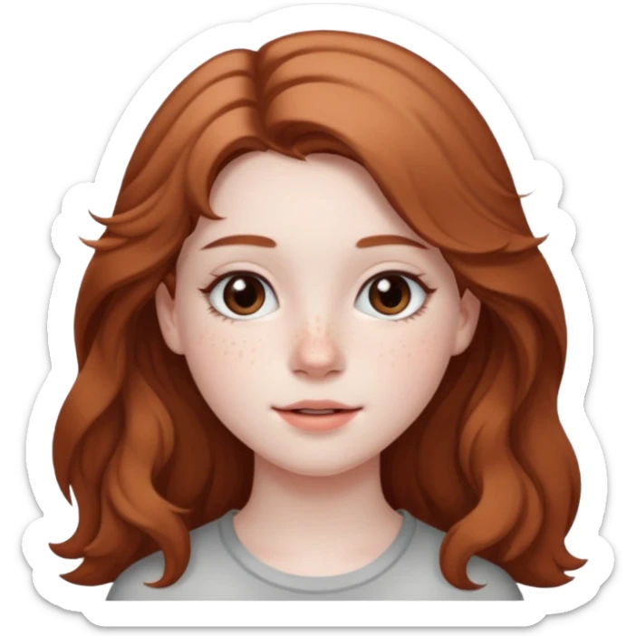 18-year-old girl with pale skin, lots of dark freckles, rosy cheeks, and long straight/wavy light brown hair. sticker