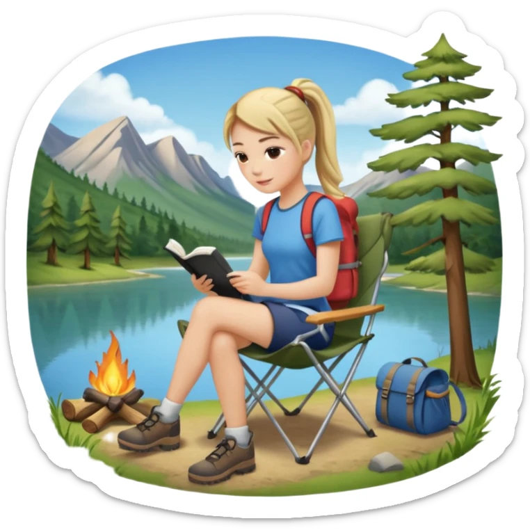 A pony tail hair woman journaling on a camping chair, enjoying the quiet nature scene. sticker
