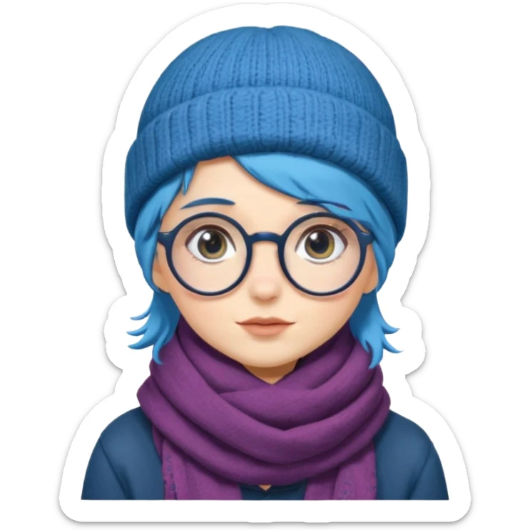 A shy blue straight hair woman with big round glasses and thick scarf and a beanie, blushing from the cold. sticker