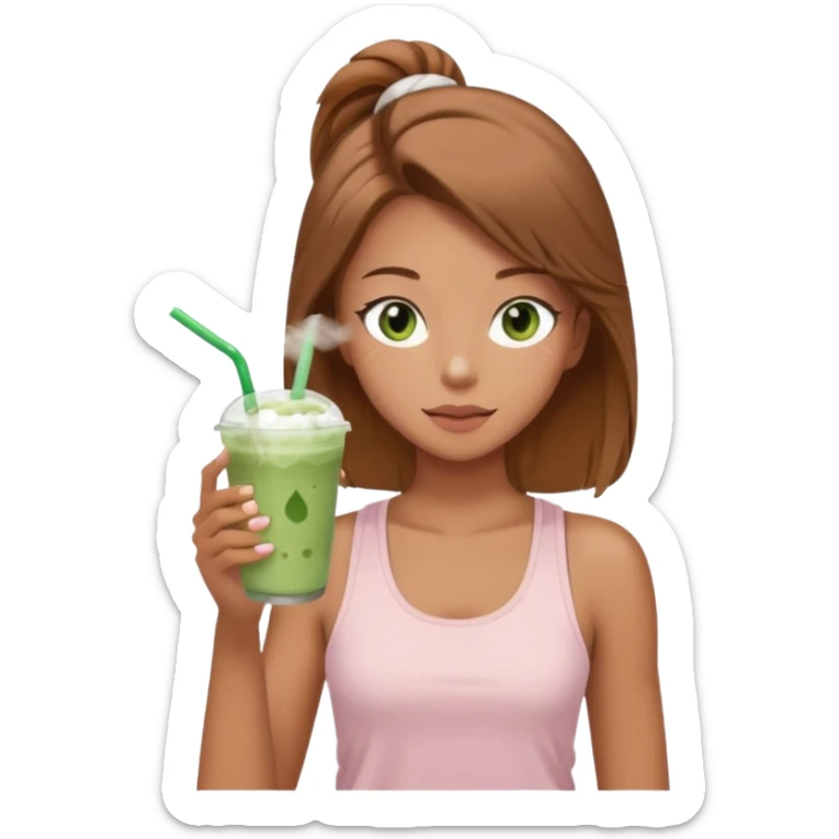 girl with light brown hair and green eyes and tan skin  wearing light pink tank top with white sweatpants drinking iced matcha latte with a face sheet mask on sticker