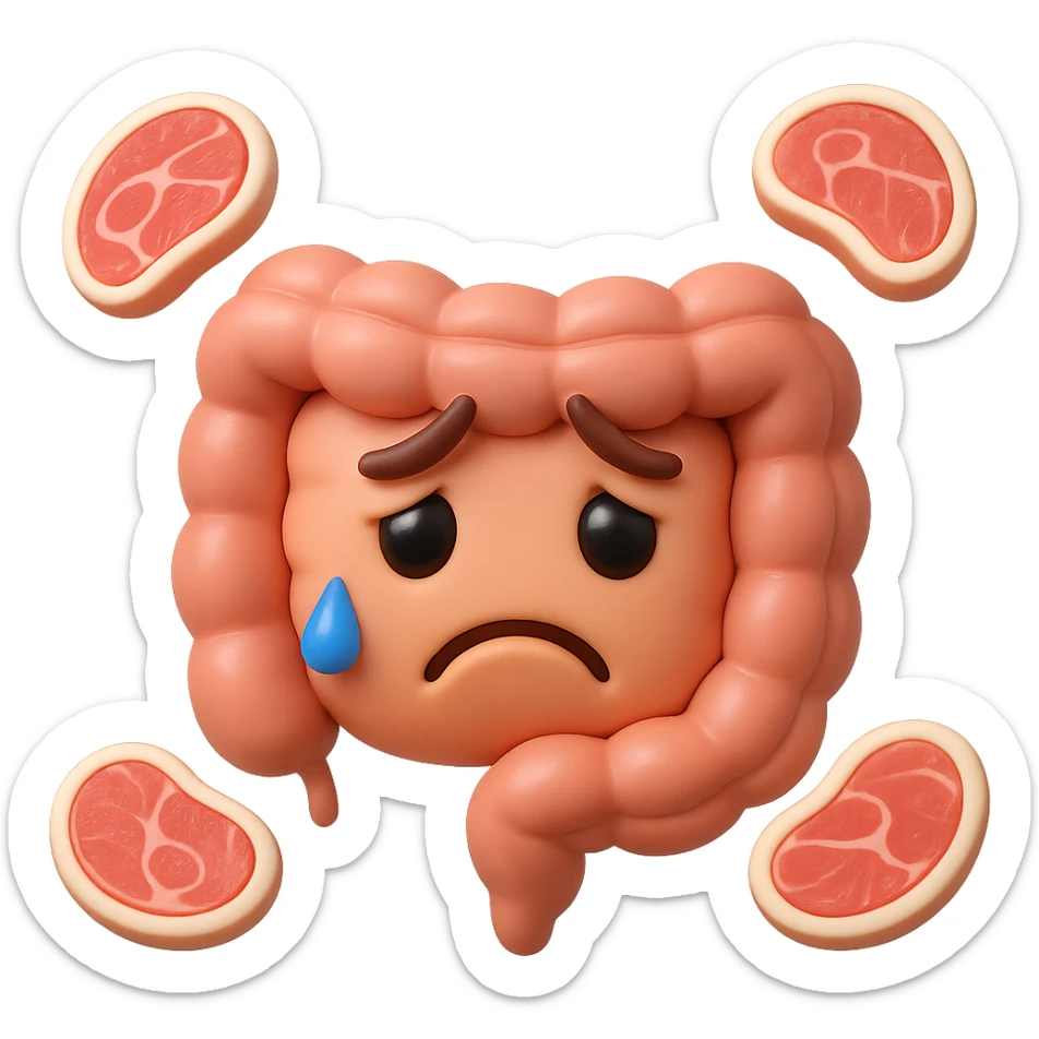 emoji stile iphone in 3d di un intestino triste con fette di carne che gli fluttuano intorno sticker
