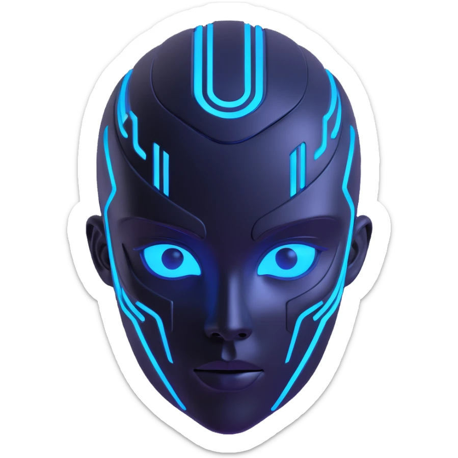 cyber 3D head of a kid, metallic textures, glowing blue accents, futuristic details, 3D icon style sticker