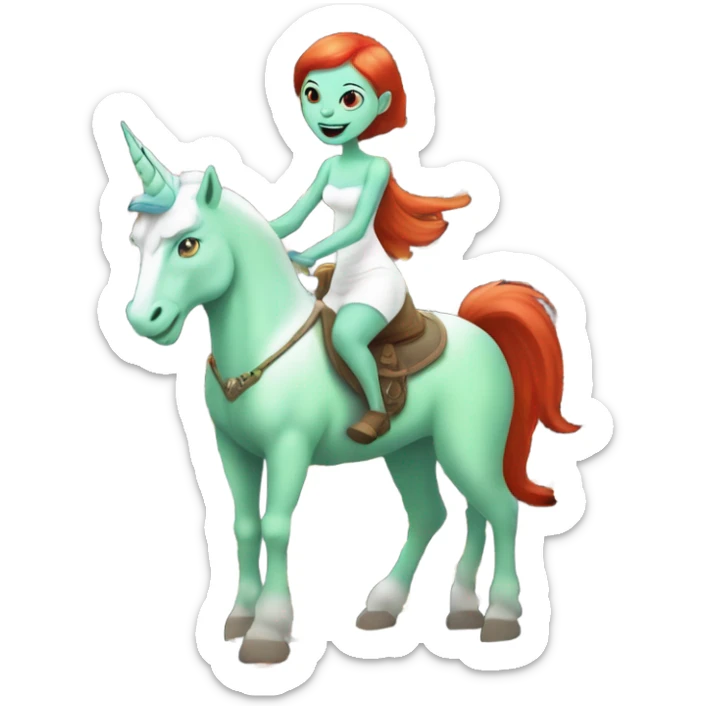 [politically incorrect
	{ woman: alien, color: light green, hair:red, eyes:cat} ]
	on a 
	[{ unicorn: white, legged:four, mane: light blue }] sticker